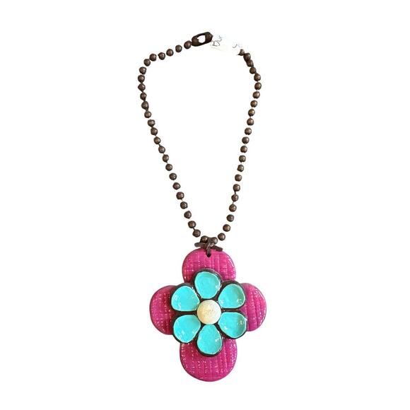 Sooki Sooki Pink Turquoise Western Rodeo Cross Flower Chunky Necklace - Picture 1 of 5